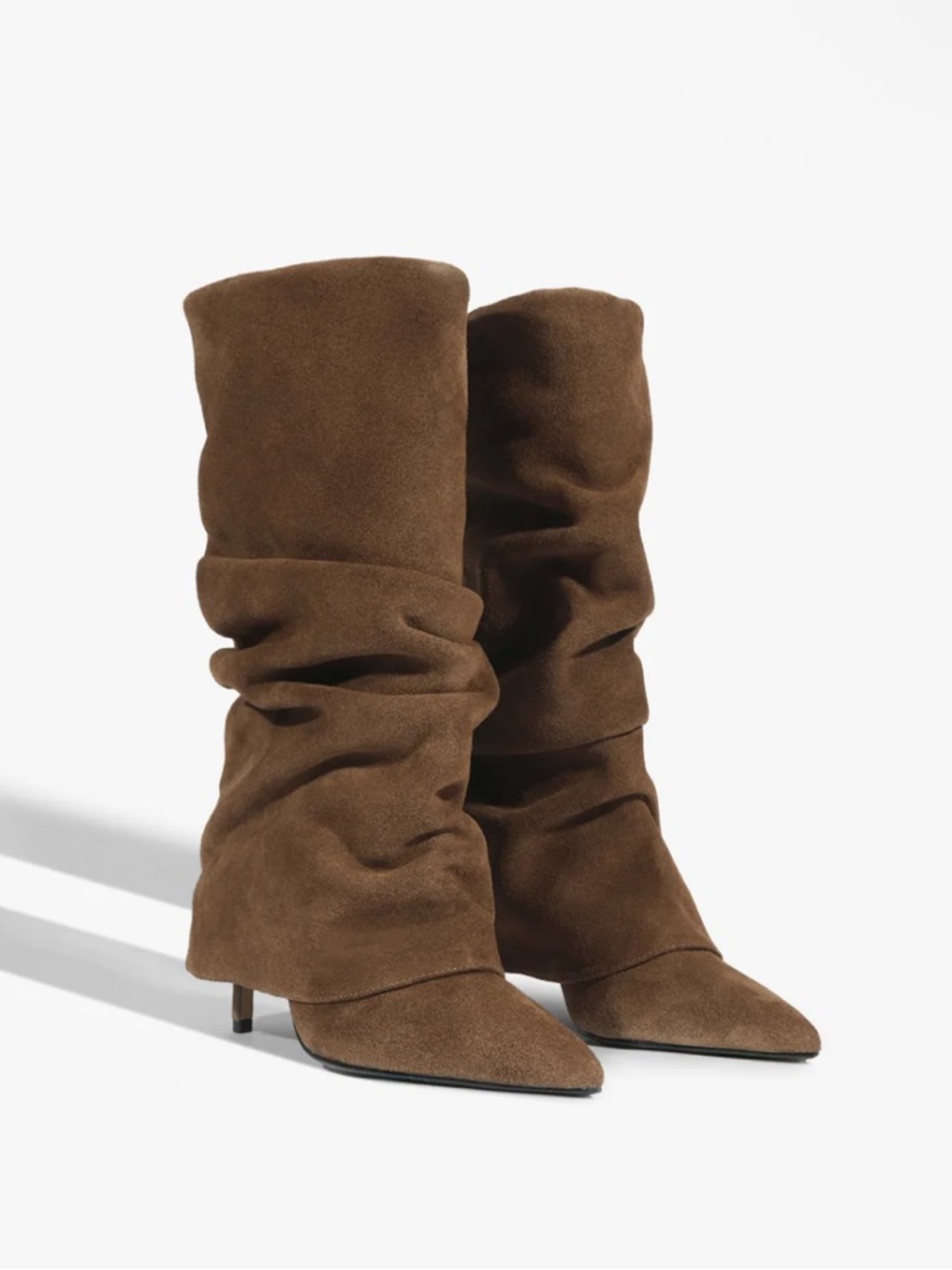 Schutz Mikki Cloak Soft Suede Scrunch Foldover Heeled Boots in Pecan Brown Tan